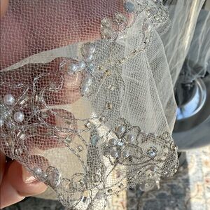 White Bridal Veil with silver beading and embroidery. 36” long